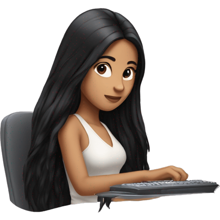 beautiful girl with long black hair, typing on computer  emoji