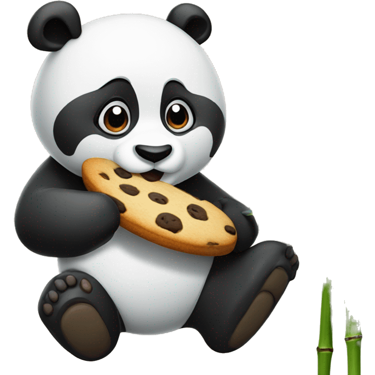 A panda waving hand with a cookieand bamboo in the background emoji