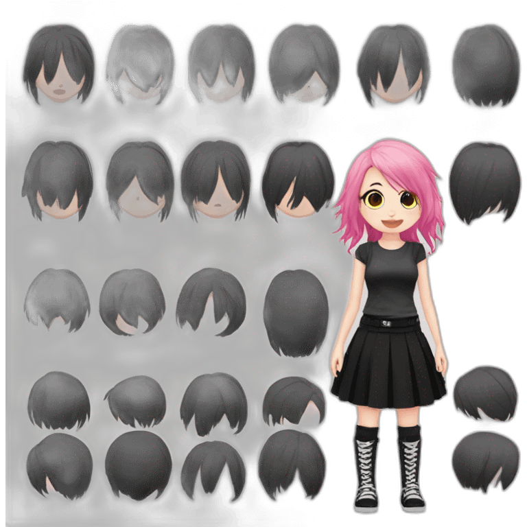 Full body Front view curvy emo girl pink hair sits on the floor straight view hands up black skirt белые трусики полосатые рваные чулки emoji