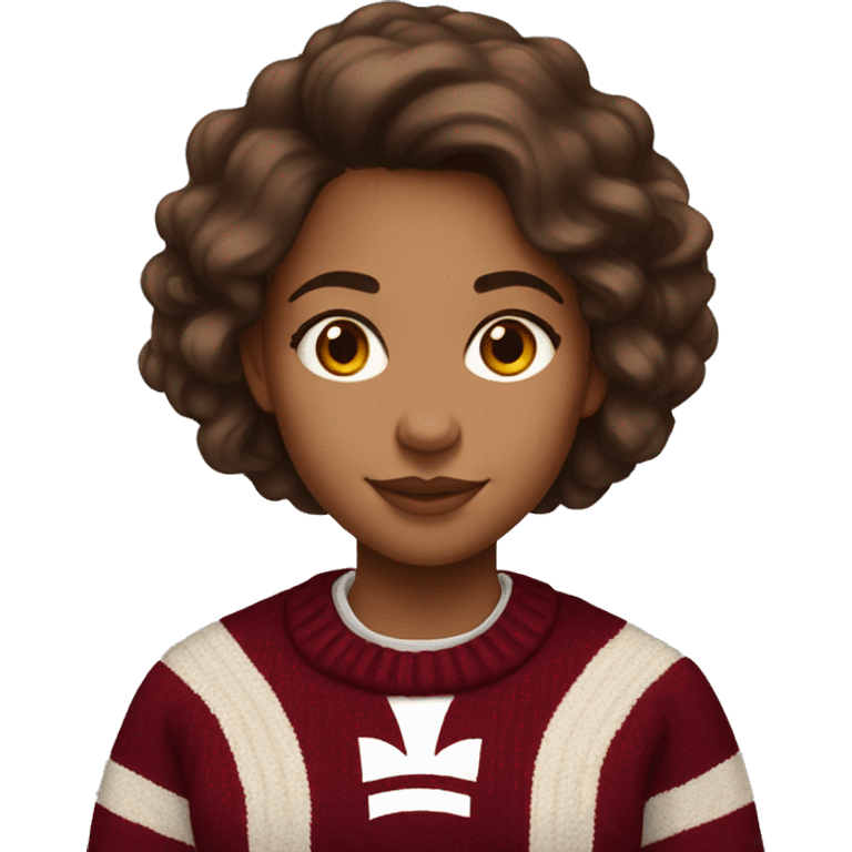 Girl with light tan skin and brown hair wearing a dark red and white Harvard University sweater emoji