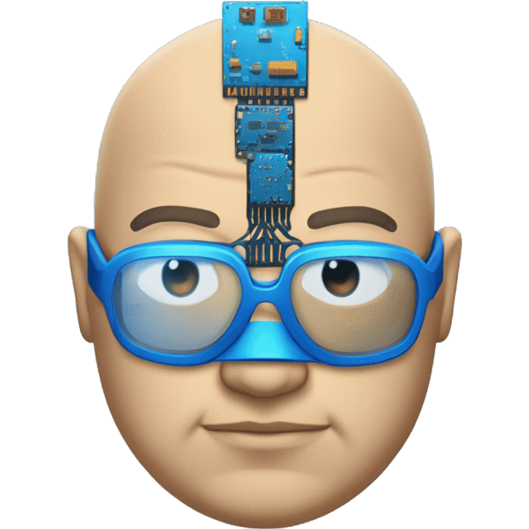 Fat bald cyborg head with tan skin, blue beard, blue goggles and circuits emoji