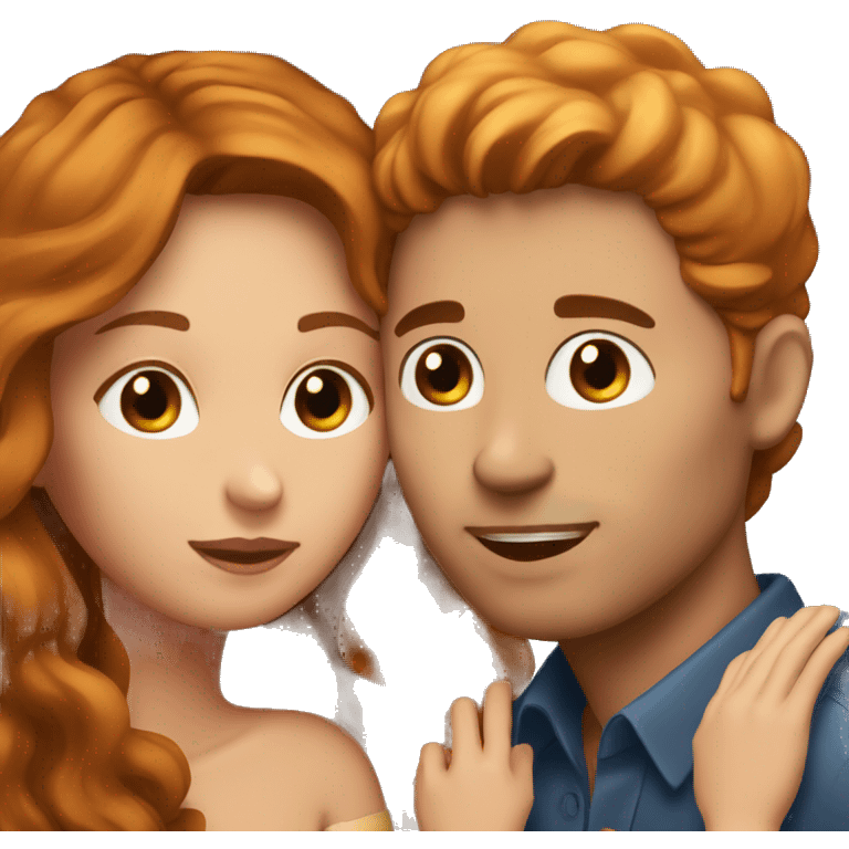 Man with brown eyes and brown hair kissing a woman with long ginger hair emoji