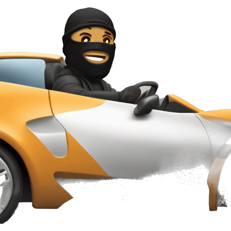 Roadman wearing a ski mask driving a sports car. The car is sleek and fast, with the driver looking focused and tough. Urban background, with motion blur to emphasize speed emoji