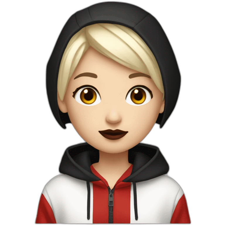 Tiny White girl lightly tanned with very short haircut black eyes and black hair wearing black messa hoodie like alyx Vance and red lipstick  emoji