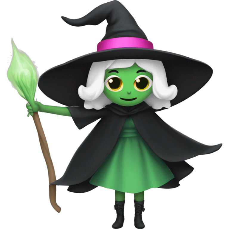 Witch dressed in black with green skin hugging pink dressed white witch emoji