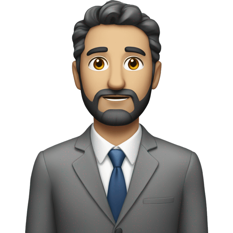 white man in a gey suit short dark beard standing in  pesentation emoji