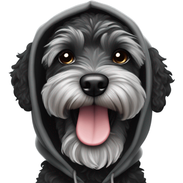 Cool black schnoodle with grey brindle and an underbite winking while smiling with boxing gloves and a hoodie  emoji