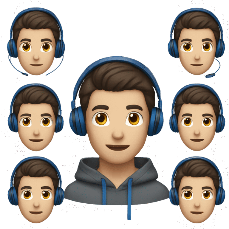 male's face, dark brown hair, dark brown eyes, headphones, blue hoodie emoji