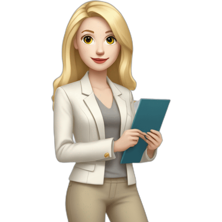 Full height pale skin woman with blonde Straightened Hair to shoulders, White classical jacket, beige Arrow pants and gray blouse holding a color palette in the hands emoji