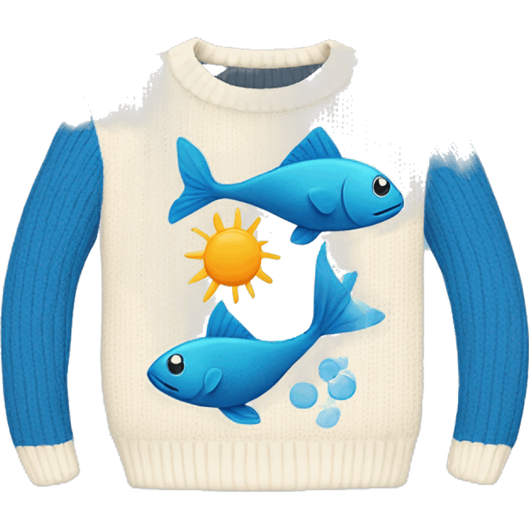 Cute sweater that has a fish and sun on it and it is blue and white emoji