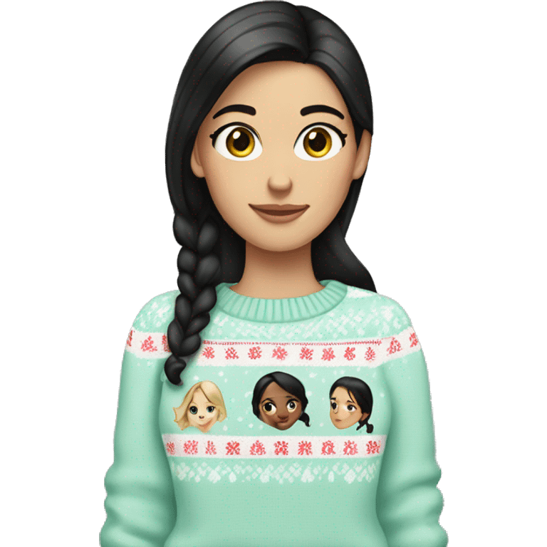 White girl black hair wearing a Pastel Christmas sweater emoji