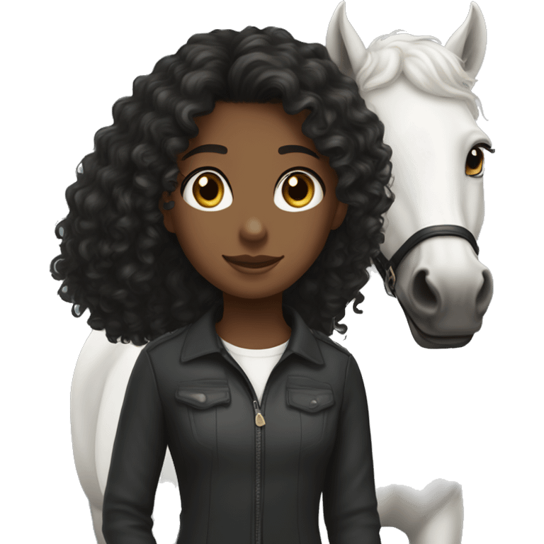 Black curly hair white  equestrian girl with brown eyes standing next to a black horse emoji