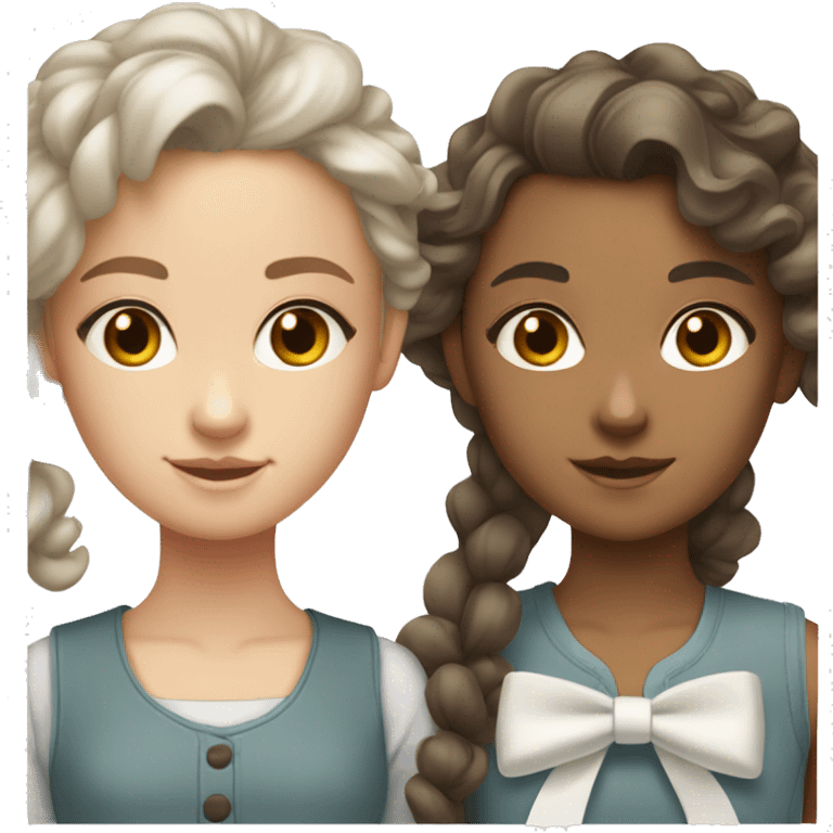 3 teen girls with brown hair, 1 with straight hair and grey eyes and 2 with curly hair and brown eyes. that have white hair bow.  emoji