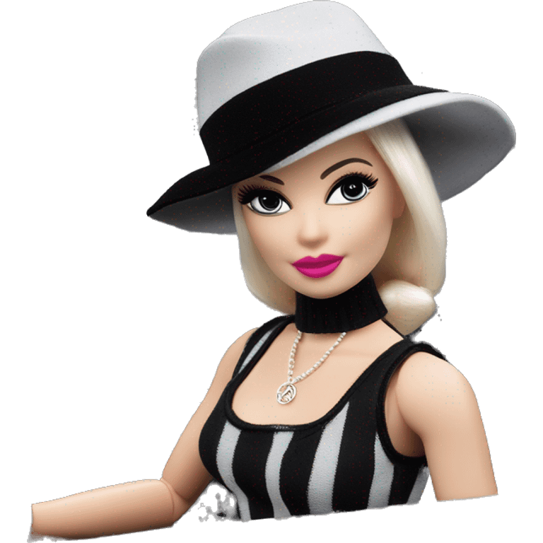 Bouclé Beauty Lingerie Barbie, 1965 Wednesday Addams from academy, in dark-gray and black striped outfit with hat. Driving 1978 Mercedes convertible sports car  emoji