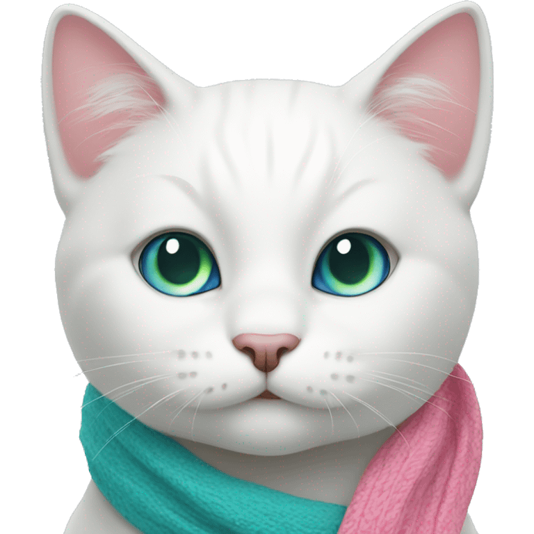 white cat with blue and green eyes with a pink scarf around her neck emoji