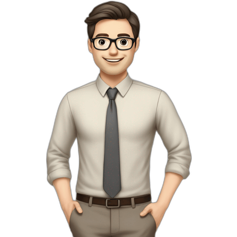 Pale skinned fit man with dark brown hair in gray jacket, beige office shirt, brown tie, brown pants and vintage glasses Writing on the marker board emoji