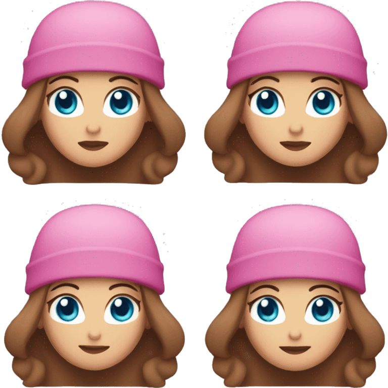 woman with blue eyes, long brown hair, and pink beanie emoji