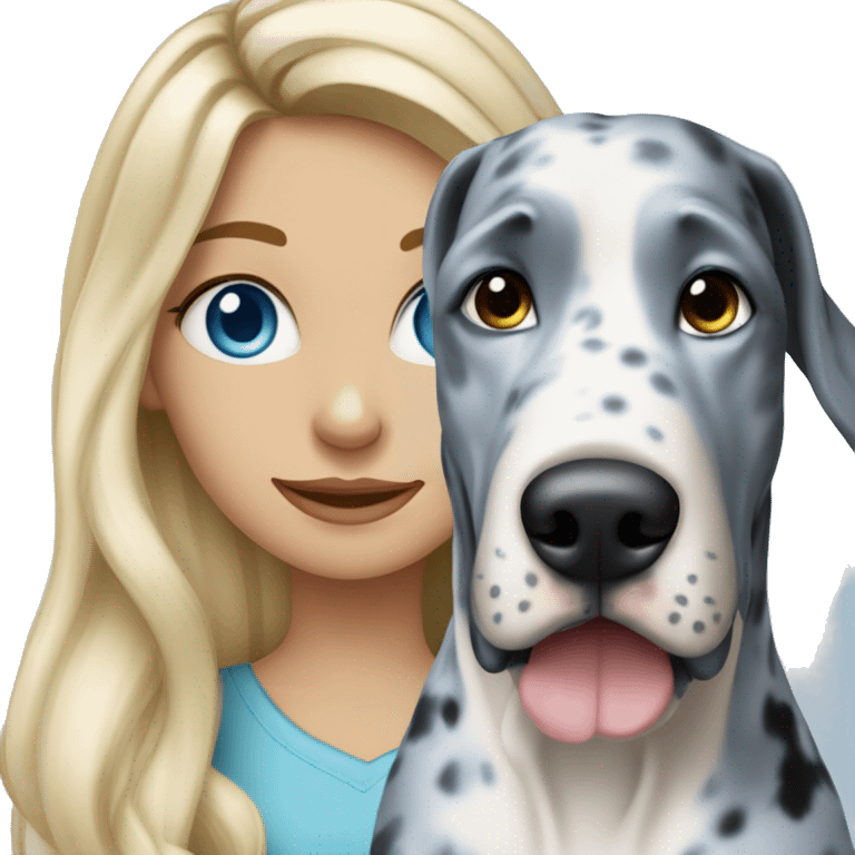 Blonde girl with blue eyes and long hair with a blue merle great dane dog emoji