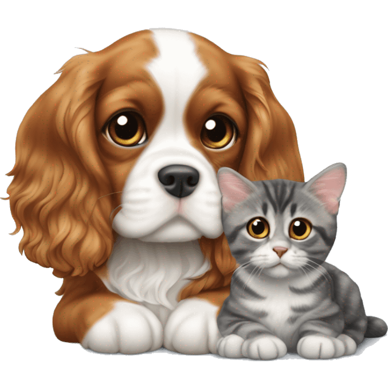 Cavalier King Charles Spaniel puppy sits next to a British gray tabby cat emoji