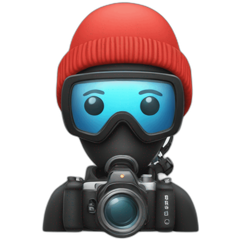 scuba diver, wearing a read beanie and with a camera emoji