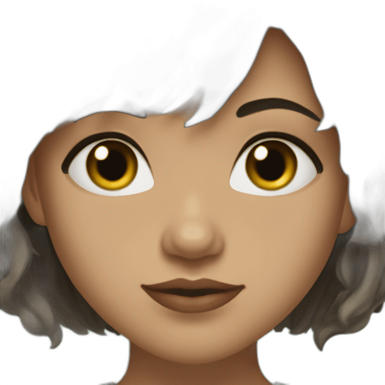 Young woman with light skin, long brown hair with bangs, dark green eyes, golden earrings emoji