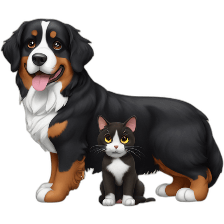 Bernese dog beside A brown and black cat without white emoji