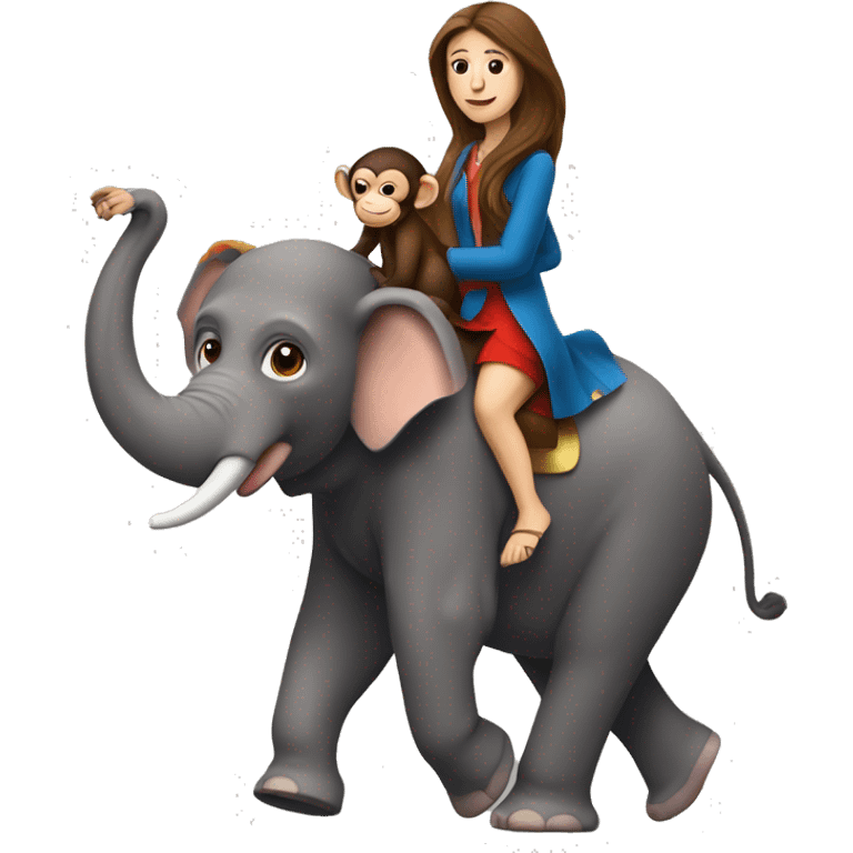 French woman with long brown hair, with a monkey on her shoulder, riding an elephant emoji