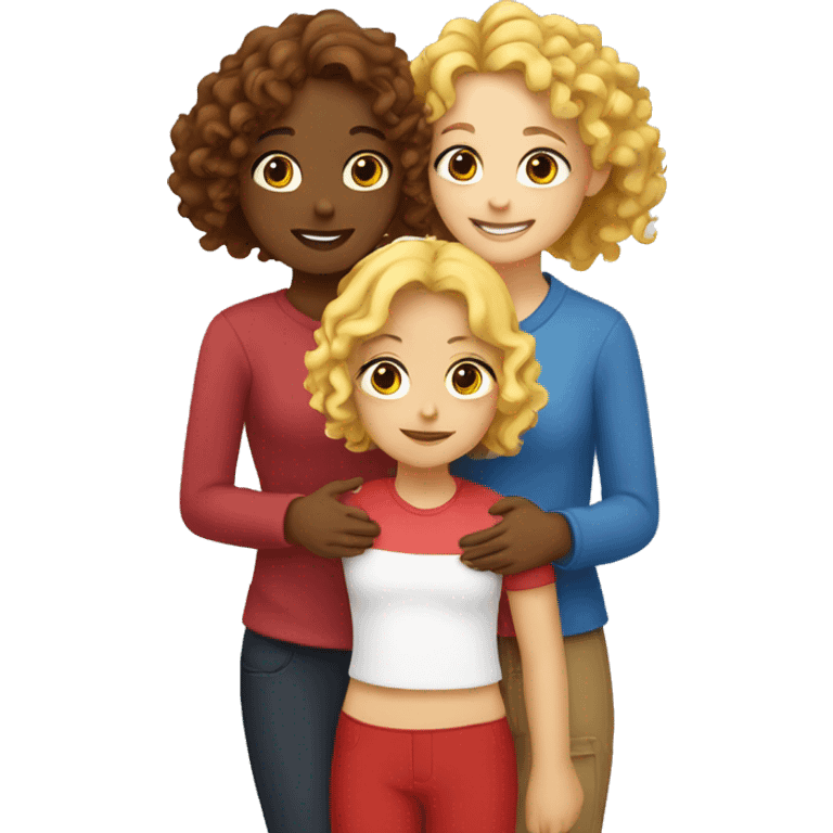 two girls are hugging, one is curly brunette, and another one is blonde with red strands  emoji