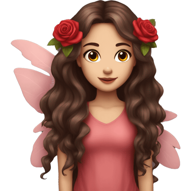 Beautiful, rose, fairy, red, flowers in hair, long dark brown hair, big wings, fair skin emoji