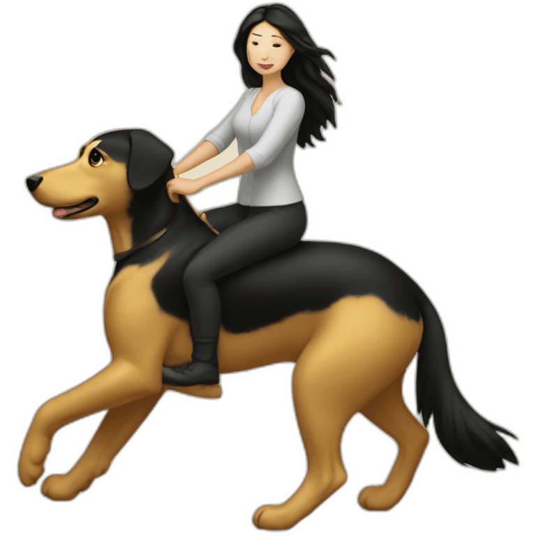 White woman with a black hair ridding a golden dog emoji