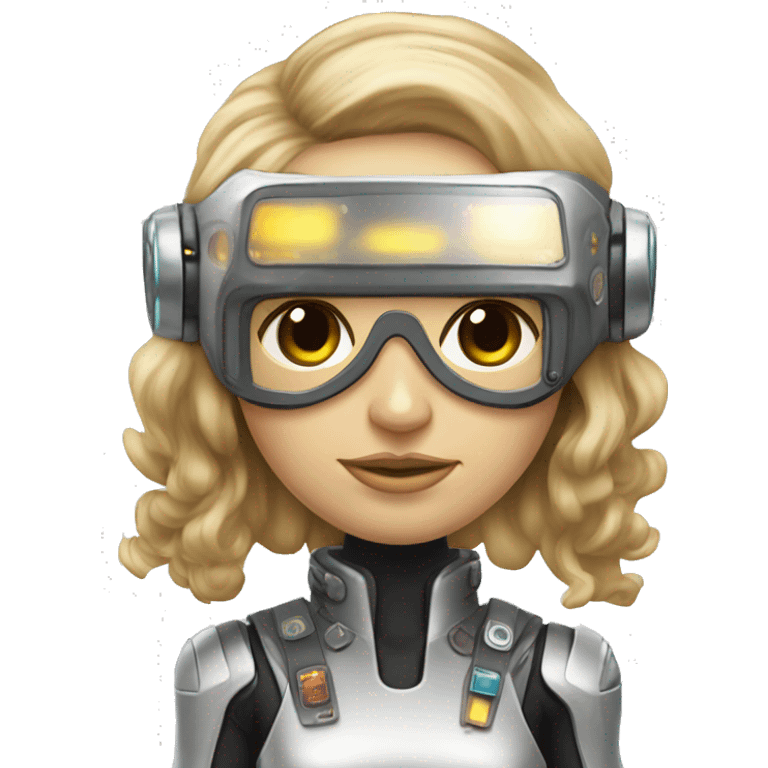 Brown long hair with blonde steaks female cyborg head, fair skin, space age goggles and circuits emoji