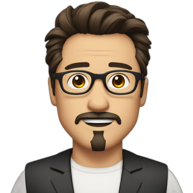 Man with black round frame glasses with Tony Stark hair style wearing white shirt with no moustache and beard emoji