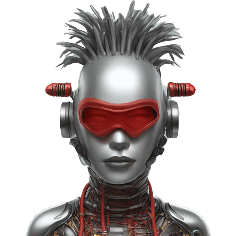 Silver Mohawk female cyborg head with red respirator mask and circuits emoji