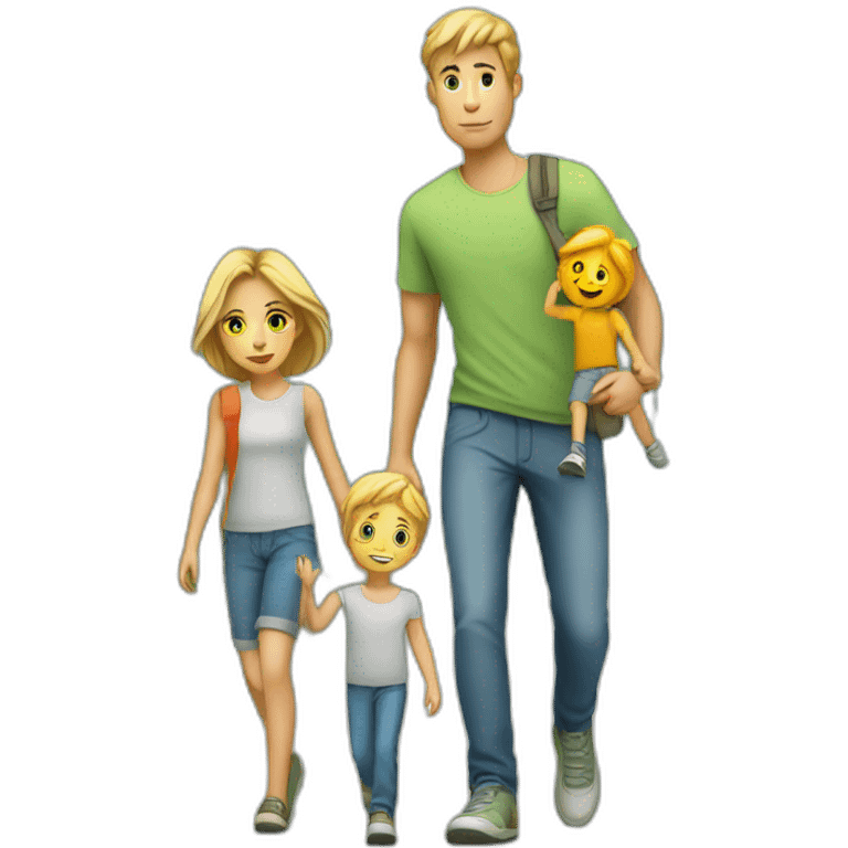 Young white Familie with boy skinny casual walking emoji