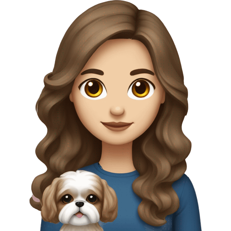 Young brunette hair woman with a cream shih tzu in her arms long wavy hair emoji