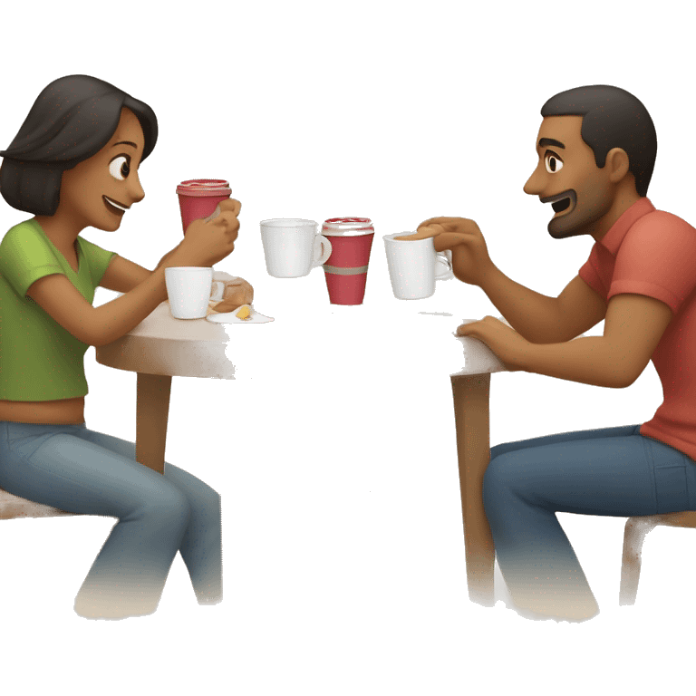 An emoji of a family—mother, father, and child—sitting at a table, playing a cup game with paper cups arranged on the table as they have fun together emoji