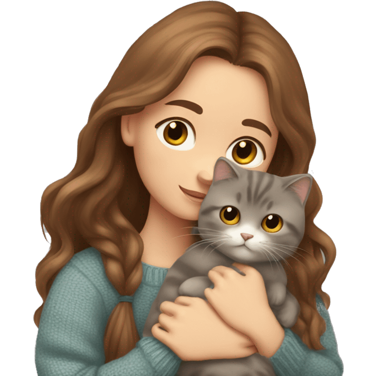 Girl with long brown hair in sweater hugging a scottish fold cat emoji