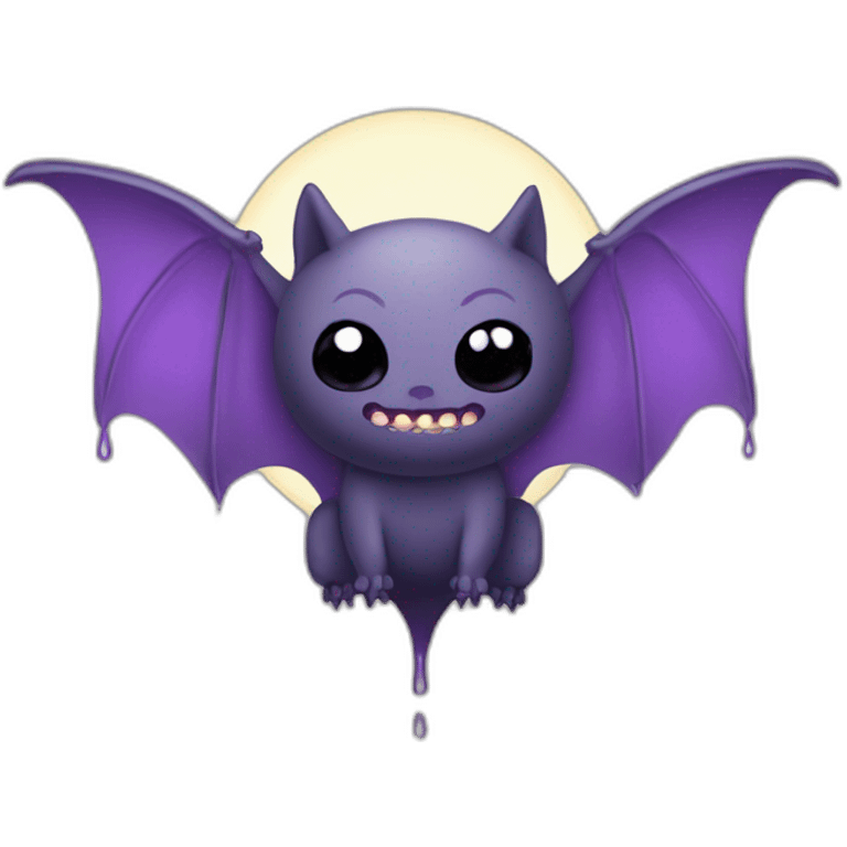 purple black vampire bat cute innocent eyes wings flying in front of large dripping grey crescent moon emoji