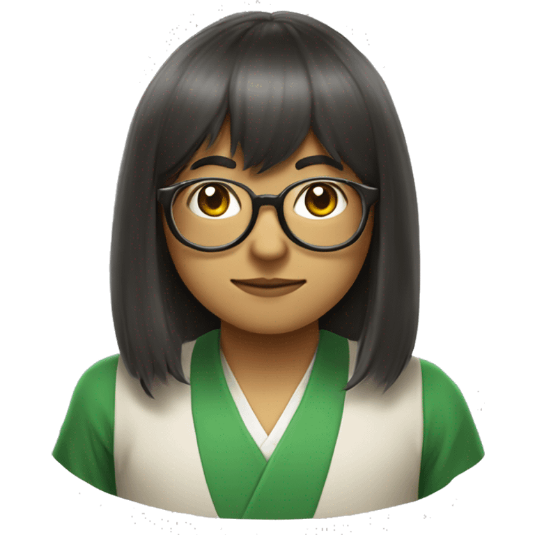 A Brazilian nerd with a mystical Japanese vibe, wearing round glasses and medium-length hair with bangs. The character should have a thoughtful or intelligent expression, reflecting a fusion of Brazilian and Japanese culture. emoji