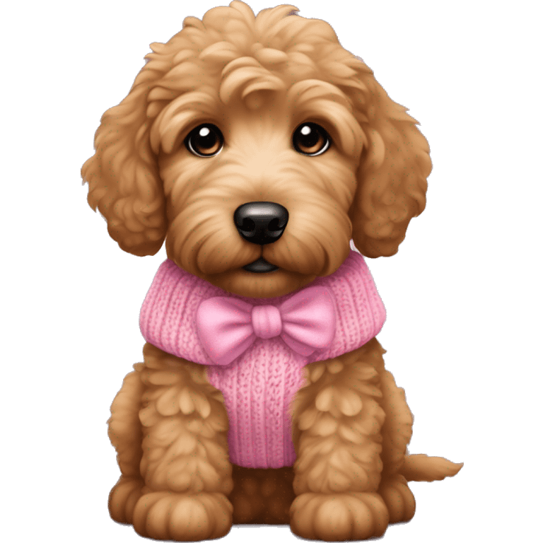 Little brown golden doodle puppy wearing a pink sweater and bunk bow in ears emoji