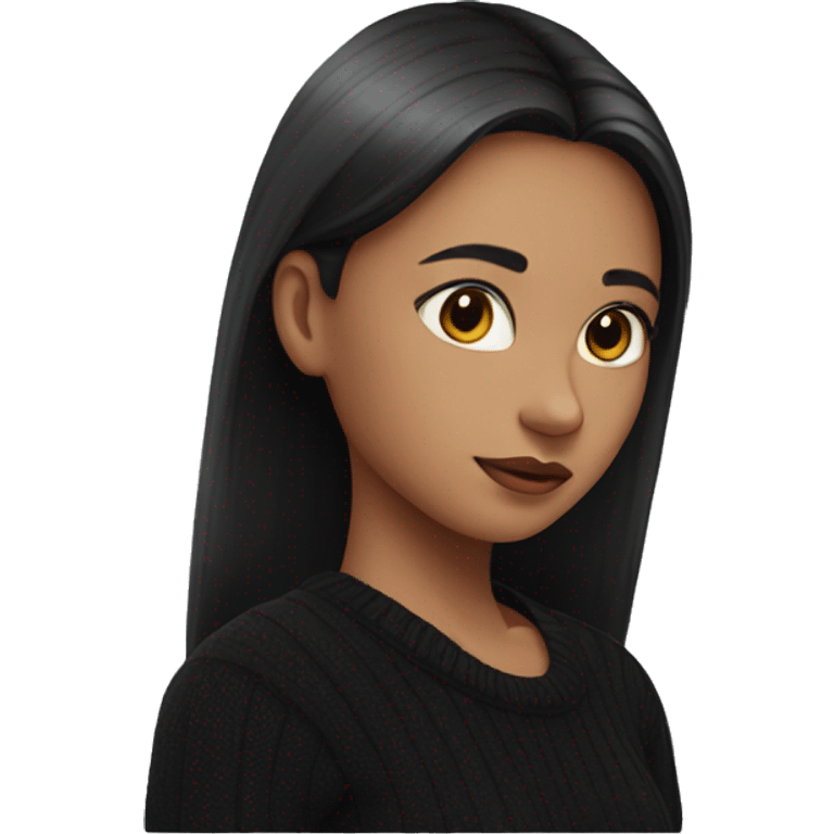 girl with straight middle part, wearing black sweater, neck emoji