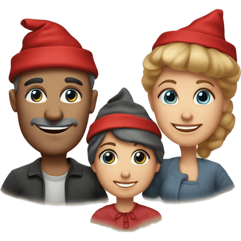 european family of 4 people (mom dad and 2 kids) celebrate new year in birthday hats emoji