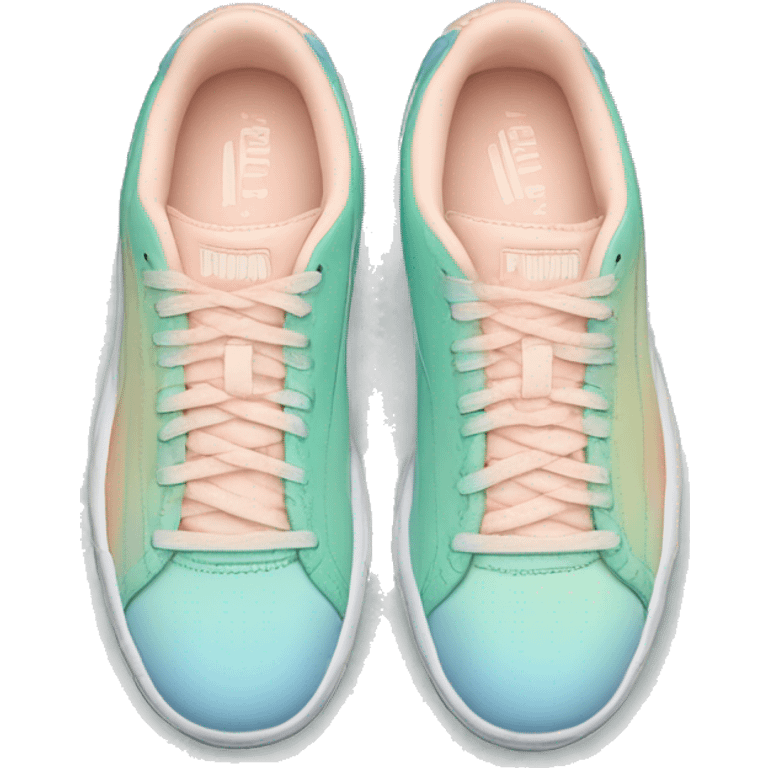 Realistic pair of pastel blue pastel green peach and black ombre Puma sneakers facing forward.  emoji