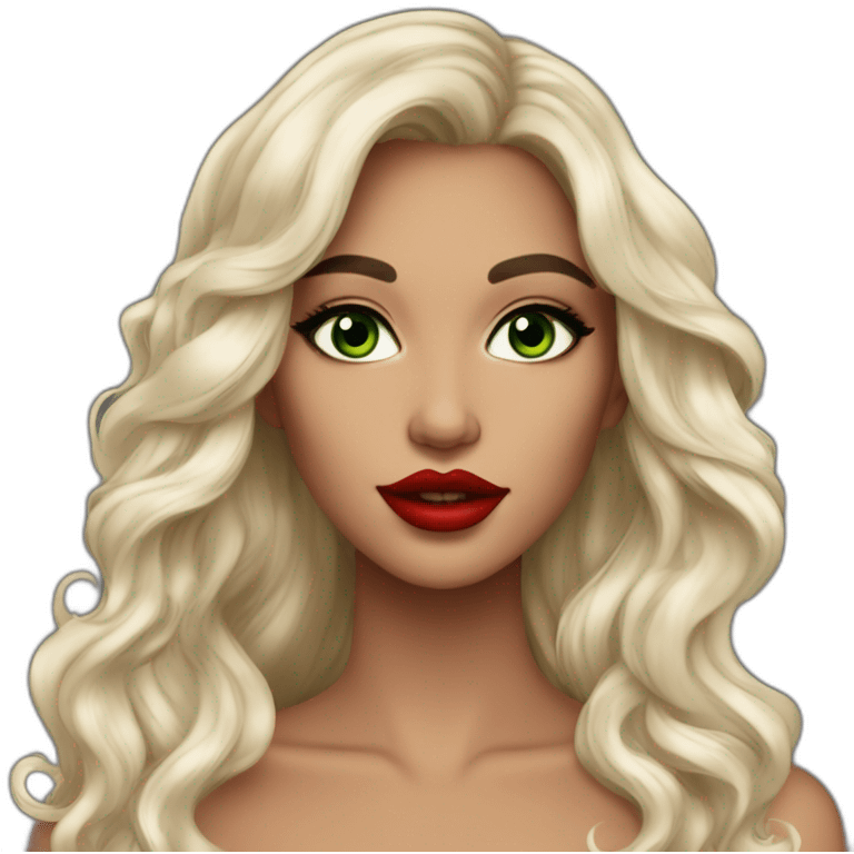 beautiful woman, green eyes, black long wavy hair, tawny skin, big lips, red lipstick, great makeup emoji