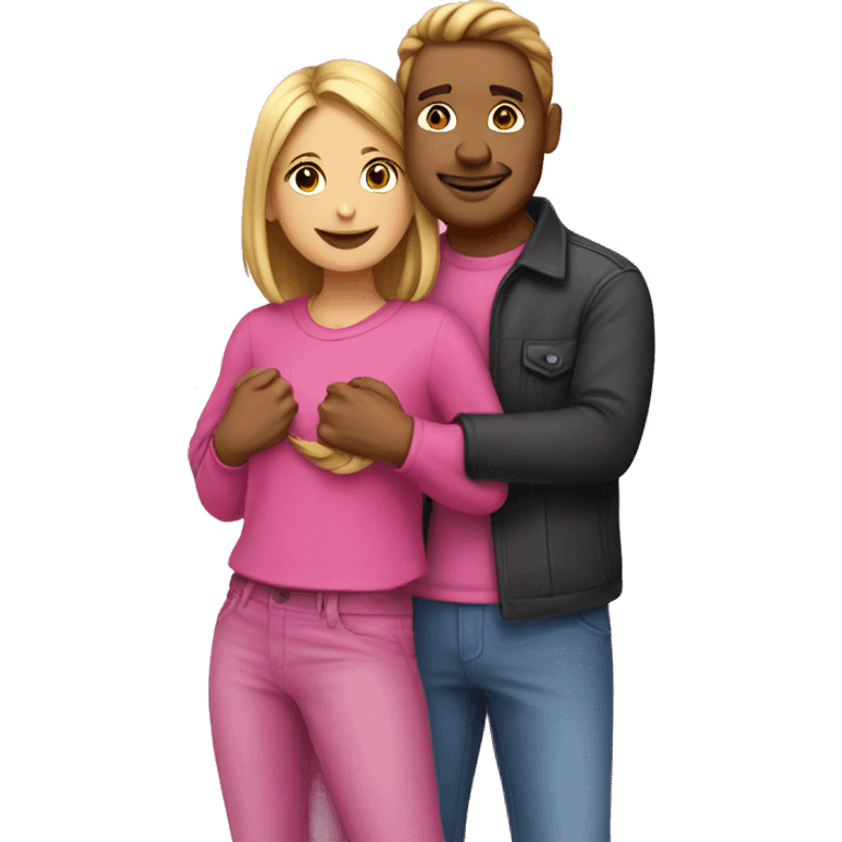 A guy and a girl hugging dressed in all pink emoji