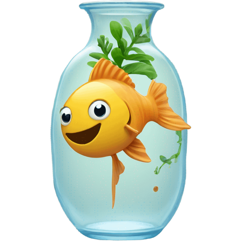 fishes in a clear vase with plant roots. emoji