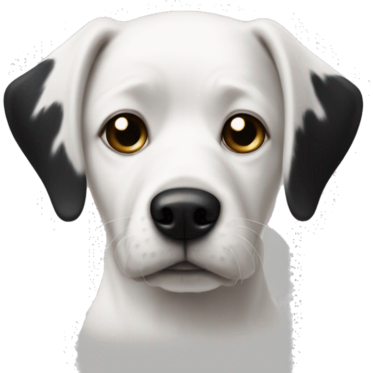 White Dog with black patches covering both eyes and pointyears emoji