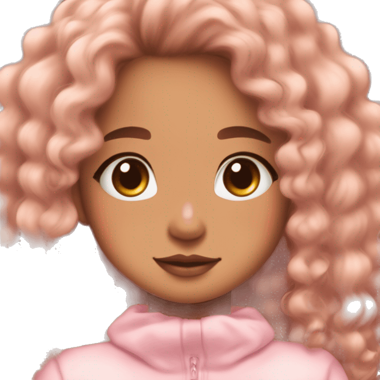 TAN SKIN GIRL WITH LONG BROWN CURLY HAIR AND A CORGI pink kawaii shiny blushing cute kawaii pastel anime trending style pink pastelcore emoji