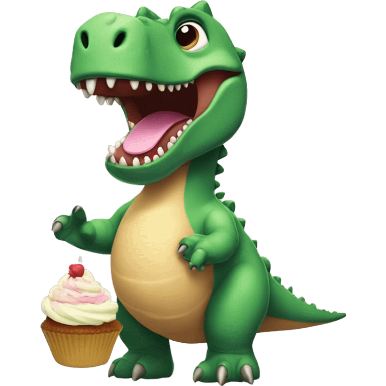 Dinosaur holding a cupcake under a rainbow emoji