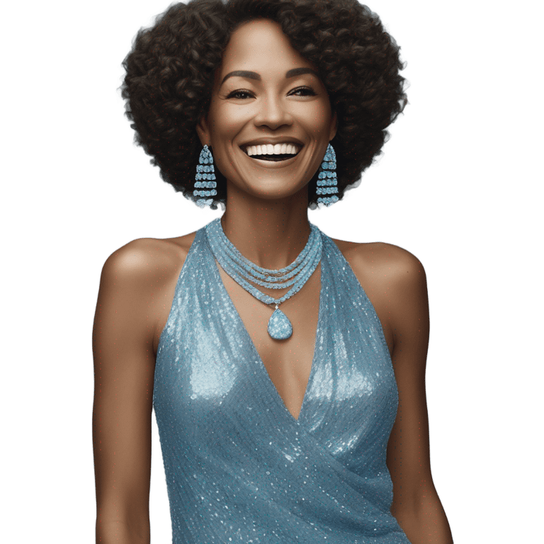 smiling woman in blue sequin dress with david yurman aquamarine necklace and earrings emoji